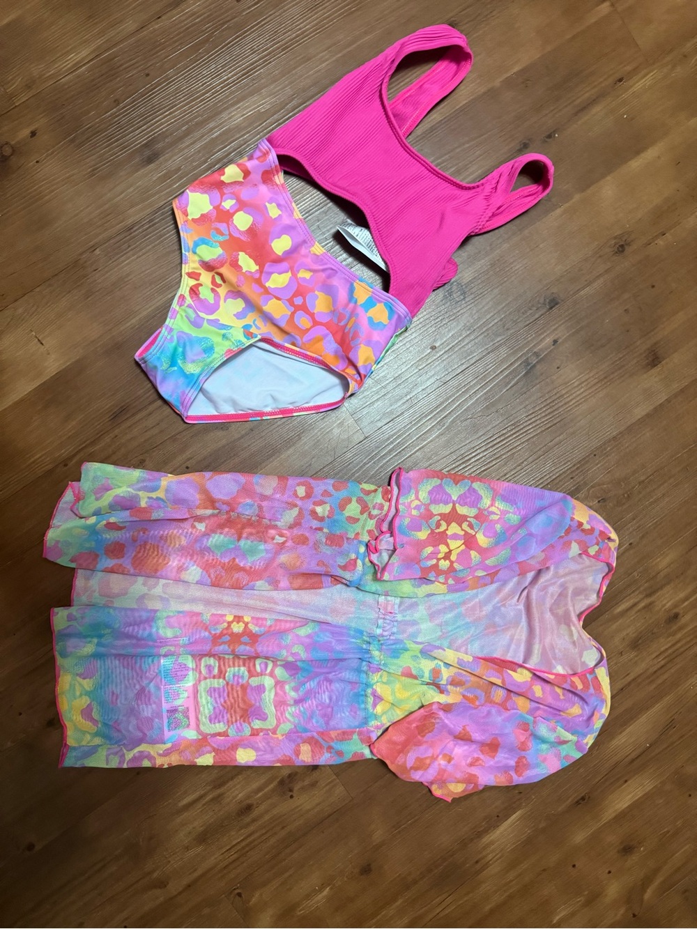Love Girls Bright Pink One-Piece Swimsuit with Multicolor Cover-Up